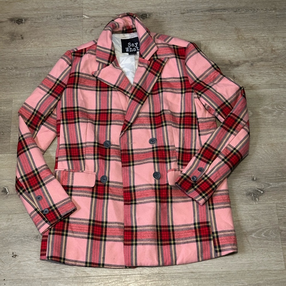 Say What? Pink and Red Plaid Blazer